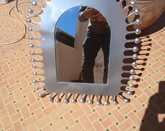 Handmade Moroccan Arched Wall Mirror, Silver Punched Tin with Brass Studs, Boho Decor
