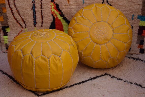 2 Moroccan pouf White and Light mustard leather pouf moroccan decor round ottoman pouf furniture floor pouf home decor moroccan pouf