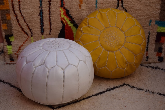 2 Moroccan pouf White and Light mustard leather pouf moroccan decor round ottoman pouf furniture floor pouf home decor moroccan pouf