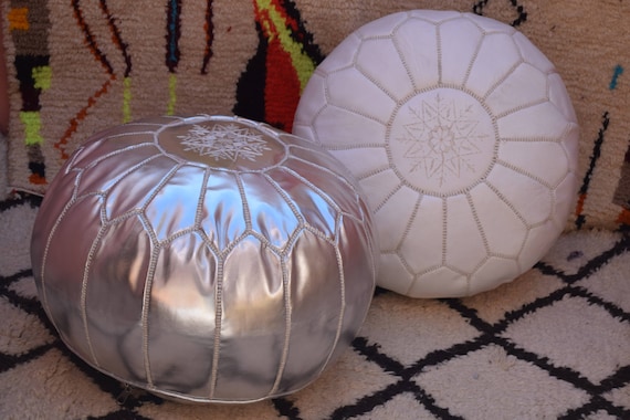 2 Moroccan pouf White and Light mustard leather pouf moroccan decor round ottoman pouf furniture floor pouf home decor moroccan pouf