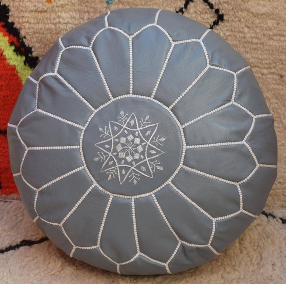 Moroccan Pouf Grey Leather Pouf And White Stitching Moroccan Etsy