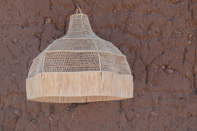 May include: A beige woven pendant light fixture with a fringed bottom. The light has a bell shape and is suspended against a textured, reddish-brown wall. The light fixture is made of natural materials.