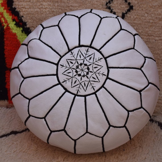 2 Moroccan pouf White and Light mustard leather pouf moroccan decor round ottoman pouf furniture floor pouf home decor moroccan pouf