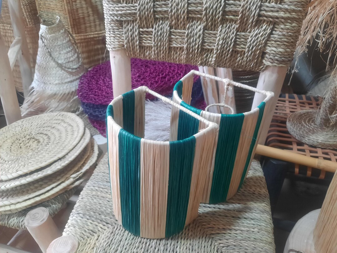 Set of 2 Raffia Wall Lights, Green Raffia Color, Handcrafted Moroccan ...