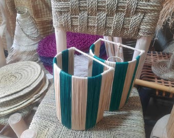 Set of 2 raffia wall lights, green raffia color, handcrafted Moroccan natural lighting