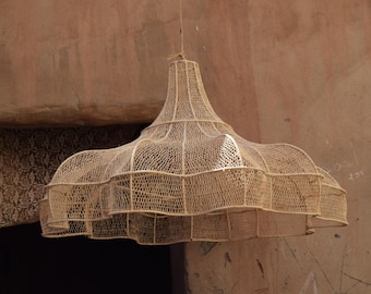 Moroccan Rattan Lampshade – Handmade Wicker Wave Pendant Light, Boho Chandelier