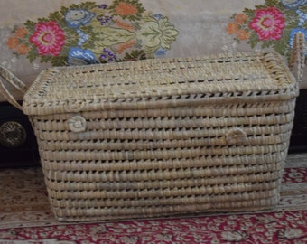 Wicker Toy Chest with Palm Leaf – Natural Storage Trunk – Boho Woven Basket – Kids Toy Storage & Laundry Basket
