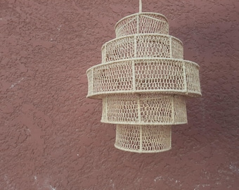Boho Rattan Pendant Light, Handmade Wicker Ceiling Lamp, Rustic Dining Room Chandelier