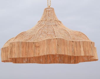 The Wave Handmade Rattan Pendant Light – Moroccan Wicker Ceiling Lamp, Boho Chandelier, Handwoven Rattan Light Fixture