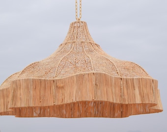 Moroccan Wave Rattan Pendant Light – Handmade Boho Wicker Ceiling Lamp – Natural Coastal Chandelier