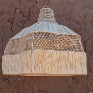 May include: A natural woven pendant light fixture with a conical top and a flared, fringed bottom. The light is made of light tan woven material and hangs against a textured brown wall.