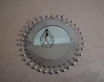 Boho Handmade Round Tin Wall Decor, Sunburst Frame, Brass Stud, Arched Design