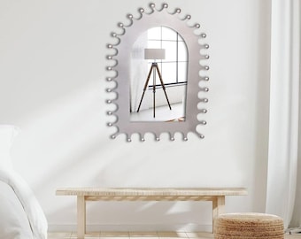 Handmade Moroccan Arched Wall Mirror, Silver Punched Tin with Brass Studs, Boho Decor