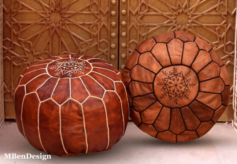 embroidered pouf handmade furniture Set of 2 Home round furniture Moroccan leather brown with black stitch /& medium tan poufs