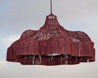 Moroccan Rattan Pendant Lighting – Wave Handmade Chandelier – Boho Ceiling Lamp – Wine Red