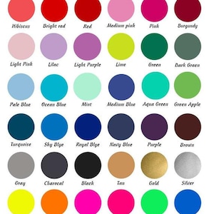 May include: A chart of 48 different colored vinyl heat transfer sheets for use with a heat press. The colors include white, cream, lemon, yellow, sun, orange, hibiscus, bright red, red, medium pink, pink, burgundy, light pink, lilac, light purple, lime, green, dark green, pale blue, ocean blue, mint, medium blue, aqua green, green apple, turquoise, sky blue, royal blue, navy blue, purple, brown, gray, charcoal, black, tan, gold, silver, fluorescent yellow, fluorescent orange, fluorescent pink, fluorescent raspberry, fluorescent green, fluorescent blue, fluorescent coral, fluorescent purple, fluorescent passion pink, lilac gray, radiant orchid, chocolate, rose gold, pearl, sand, columbian blue, vegas gold, texas orange, glow in the dark, metallic foil silver, and metallic foil silver.
