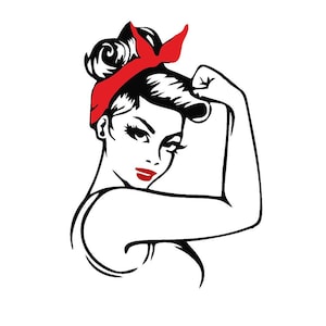 Puede incluir: Ilustración en blanco y negro de una mujer con lápiz labial rojo y una bandana roja en el pelo. Está flexionando el bíceps, con el brazo levantado en el aire.