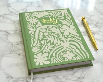 A5 Undated Weekly Planner Diary 2023-2024 Journal Organiser - Academic Year Diary - Luxury Hardback Weekly Schedule - Green Floral Doodle