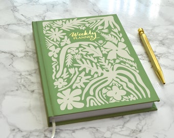 A5 Undated Weekly Planner 2026 Diary - Gift Journal Organiser - Academic Year Diary - Luxury Hardback Weekly Schedule - Green Floral Doodle