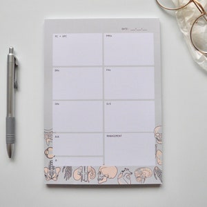 Op de afbeelding: Een grijze weekplanner met een rasterindeling en een datumsgedeelte. De planner heeft een rand met anatomische illustraties, waaronder een schedel, een hart, een hersenen en longen.