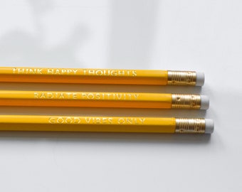 Happiness Pencils - Sustainable Quote Pencil Set | Gold Foiled Personalised Pencils, Colourful Yellow Pencils, Gifts for Stationery Lover