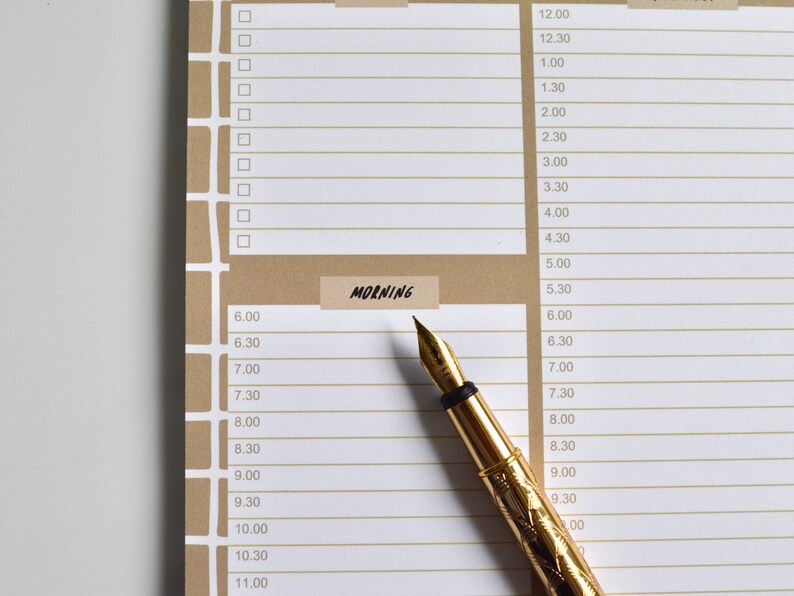 May include: A gold-toned fountain pen with a decorative design on a brown and white planner with a section labeled "MORNING". The planner has a grid of boxes and times listed in increments of 30 minutes.