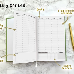 May include: A weekly planner with a green cover. The planner has sections for weekly to-do lists, a time-blocking schedule, notes, and a habit tracker.