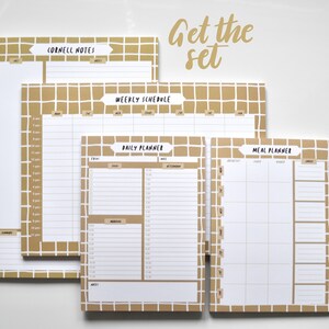 May include: A set of four brown and white grid patterned notepad planners. The planners include Cornell Notes, Weekly Schedule, Daily Planner, and Meal Planner. The text "Get the set" is written in black cursive.