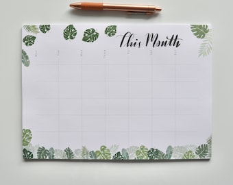 Monstera | A4 Monthly Desk Planner Pad - Leaf Monthly Planner - Calendar Desk Pad - To Do List - Undated Monthly Pad