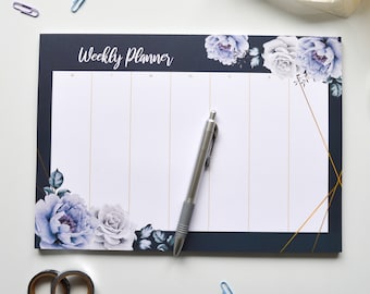 Midnight Roses | Eco-friendly A4 Weekly Desk Planner Pad - Weekly Planner - Desk Pad - To Do List - Undated Planner- Floral Weekly Organiser