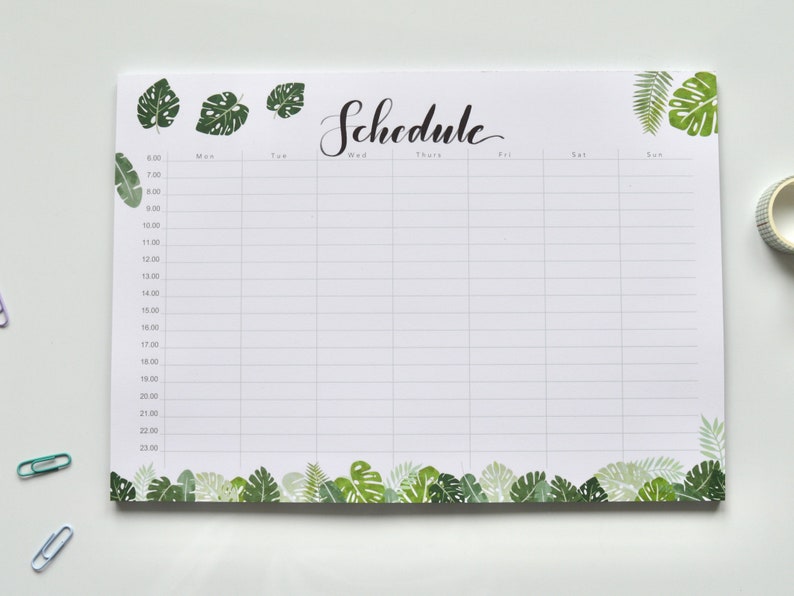 Monstera A4 Weekly Schedule Planner Pad Weekly Planner Organiser Leafy Desk Pad weekly planner Timetable Planner Organiser image 1