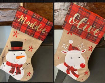 Christmas stockings - personalised Christmas stocking - xmas eve stocking - red - tartan - hessian - name christmas stocking tartan neutral