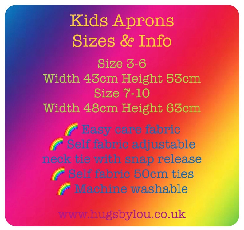 K&ouml;nnte beinhalten: Eine bunte Grafik mit dem Text "Kids Aprons Sizes & Info" und Details zu den Gr&ouml;&szlig;en und Merkmalen der Sch&uuml;rzen. Die Sch&uuml;rzen sind aus pflegeleichtem Stoff, selbstverstellbar, haben einen Halsband mit Druckknopfverschluss, 50 cm lange B&auml;nder aus dem gleichen Stoff und sind maschinenwaschbar. Die Website-Adresse lautet www.hugsbylou.co.uk.