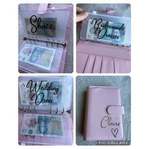 May include: A pink binder with clear plastic pockets for organising wedding planning finances. The pockets contain British pound notes and labels for "Shoes", "Bridesmaids Dresses", and "Wedding Dress". The binder also has a personalised label with the name "Claire" and a heart.