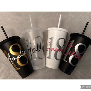 Cup for birthday - age name birthday gift - personalised reusable cold cup - lid - straw - birthday party cup - 18 - 18th -