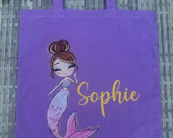 bolsa de nombre para niños - niñas sirena - bolsa de algodón personalizada con brillo brillante - bolsa de mano para niños - bolsa de natación escolar kit pe