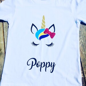 Unicorn personalised tshirt glitter and hair bow - rainbow hair unicorn tshirt - personalised rainbow unicorn glitter tshirt - personalised