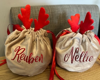 Personalised Velvet Reindeer Christmas Gift Bag – Drawstring Pouch - personalized