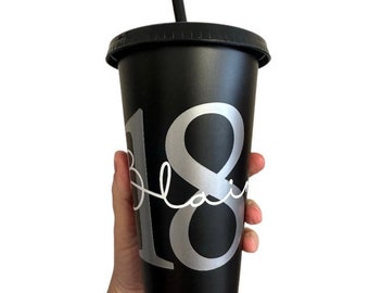 24oz cold cup birthday - 18th cup - age name personalised cold cup with straw - birthday cup