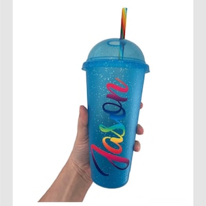 Cold cup glitter dome - personalised with name cup with lid and straw - 24oz