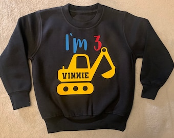Digger cumpleaños top personalizado - puente - sudadera - camiseta - top de construcción - tres - tercero - 3 - 3er cumpleaños