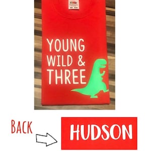 Young wild and three tshirt - 3 year old birthday top - dinosaur birthday tshirt - personalised 3 year old top