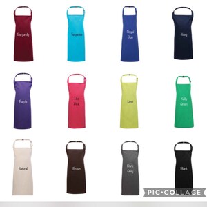 K&ouml;nnte beinhalten: Eine Collage aus 16 verschiedenenfarbigen Kinder-Sch&uuml;rzen. Die Sch&uuml;rzen sind in vier Reihen zu je vier angeordnet. Jede Sch&uuml;rze hat eine andere Farbe und ein Textetikett, das die Farbe angibt. Die Farben umfassen Wei&szlig;, Gelb, Orange, Rot, Burgunderrot, T&uuml;rkis, K&ouml;nigsblau, Marineblau, Lila, Pink, Limettengr&uuml;n, Kellygr&uuml;n, Natur, Braun, Dunkelgrau und Schwarz.