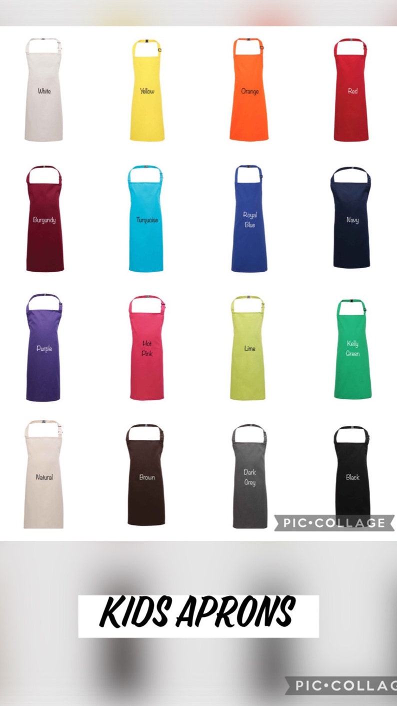 K&ouml;nnte beinhalten: Eine Collage aus 16 verschiedenenfarbigen Kinder-Sch&uuml;rzen. Die Sch&uuml;rzen sind in vier Reihen zu je vier angeordnet. Jede Sch&uuml;rze hat eine andere Farbe und ein Textetikett, das die Farbe angibt. Die Farben umfassen Wei&szlig;, Gelb, Orange, Rot, Burgunderrot, T&uuml;rkis, K&ouml;nigsblau, Marineblau, Lila, Pink, Limettengr&uuml;n, Kellygr&uuml;n, Natur, Braun, Dunkelgrau und Schwarz.