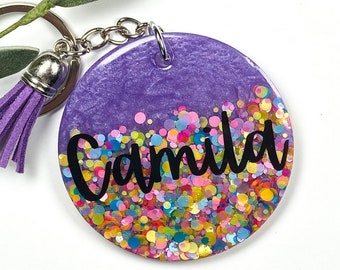 Personalized Keychain, Custom Resin Confetti Glitter Large Handmade Name for Wallet Tag, Purple Women’s and Girls Keyring Charm