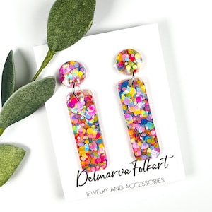 Resin Glitter Confetti Earrings, Lightweight Colorful Drop Post Earrings, Handmade Statement Jewelry, Women’s Gifts, Gift Ideas for Girls