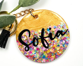 Personalized Resin Keychain, Gold Large Handmade Confetti Glitter Name Charm for Wallet, Women’s Handbag or Backpack Keyring, Unique Gift