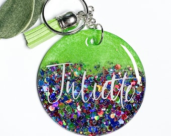 Glitter Keychain, Neon Green Keyring, Personalized Name Key Ring, Children Backpack Tag, Bag Ring, Round Resin Key Chain, Wedding Favor