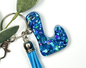 Resin Retro Initial Keychain, Glitter Letter Teal Blue Alphabet Key Chain Charm, Purse Monogram Keyring, Backpack Tag, Handbag Accessories