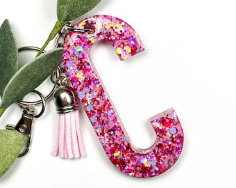 Pink Letter Keychain, Confetti Glitter Resin Custom Monogram Handbag Tag, Handmade Unique Gifts, Alphabet Backpack Key Ring